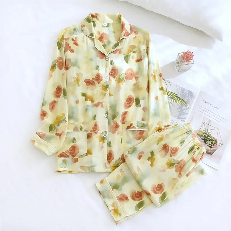 Spring and Summer 100% Viscose Pajamas Two-piece Long-sleeved Trousers Women's Flowers Comfortable Plus Size Homewear Suit