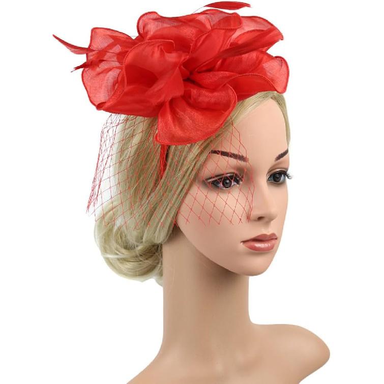 Baluue Mesh Flower Design Red Wedding Tea Party Headband Headdress for Women Special Occasion Accessory