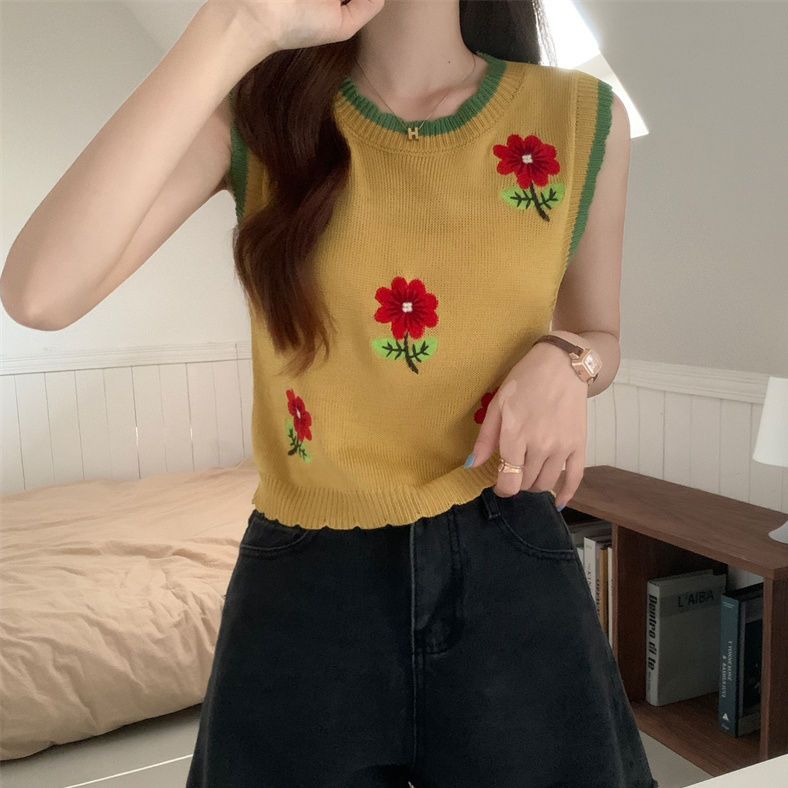 

Женская винтажная короткая вязаная майка с цветочной вышивкой, на подкладке, без рукавов, стильный уникальный топ L жёлтый