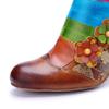 Johnature Genuine Leather Printed Short Boots Fashion Mixed Colors Flower Side Zipper Women's High Heels