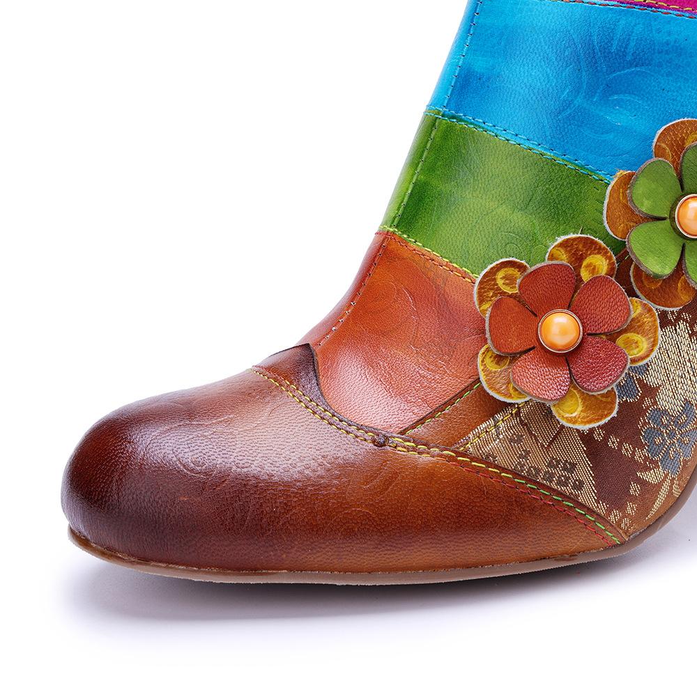 Johnature Genuine Leather Printed Short Boots Fashion Mixed Colors Flower Side Zipper Women's High Heels