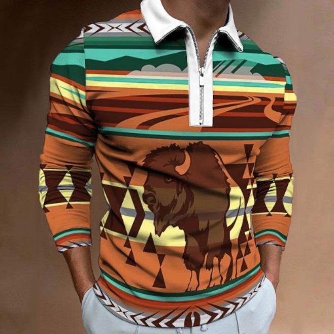 Men's Polo Shirt Autumn and Winter New Digital Printing T-shirt Casual Retro Long-sleeved Sweatshirt