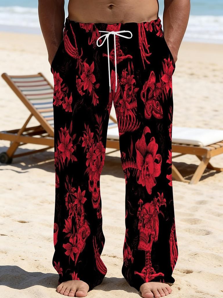 Casual men's printed loose straight trousers vacation beach pants men's European and American breathable