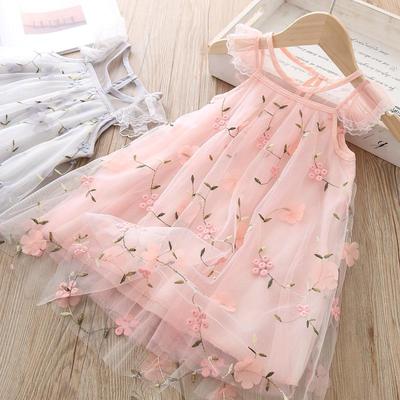 474 Summer Korean Girl's Embroidered Lace Mesh Dress - Stylish Gauze Princess Skirt