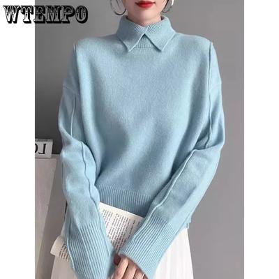 Women Casual Versatile Turn-down Collar Sweater Tops Office Lady Autumn Winter Large Size Solid Color Knitted Pullovers