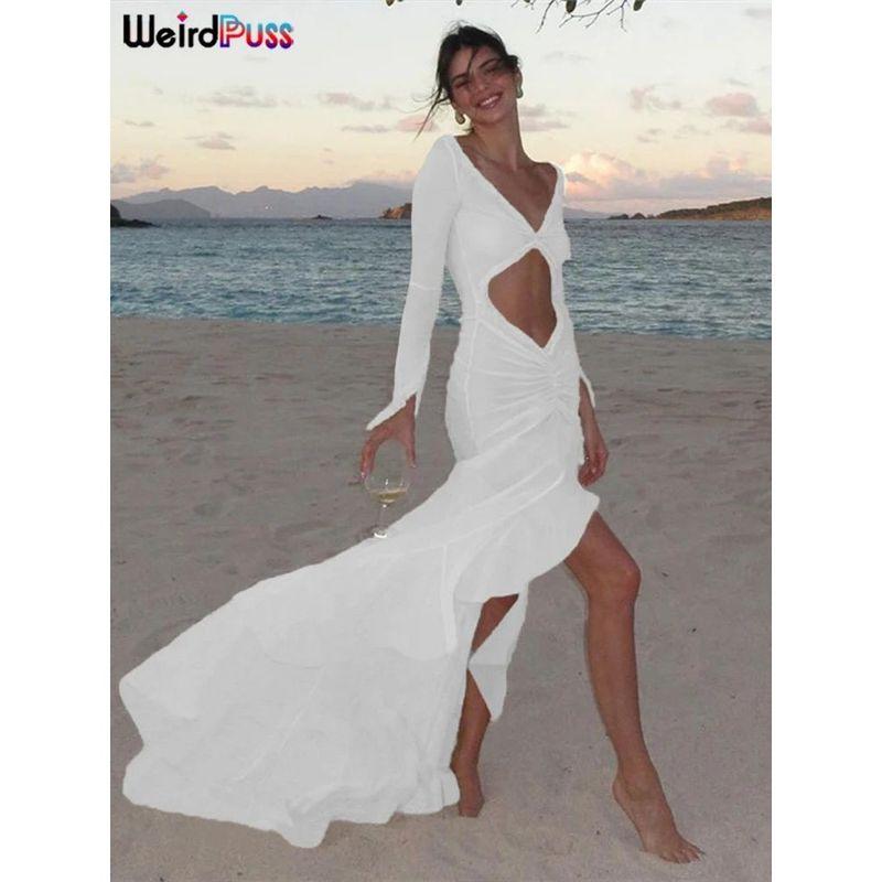 

V-neck Hollow Pleated Slim Fit Dress V-neck Hollow Frill Silm Dress WHITE S