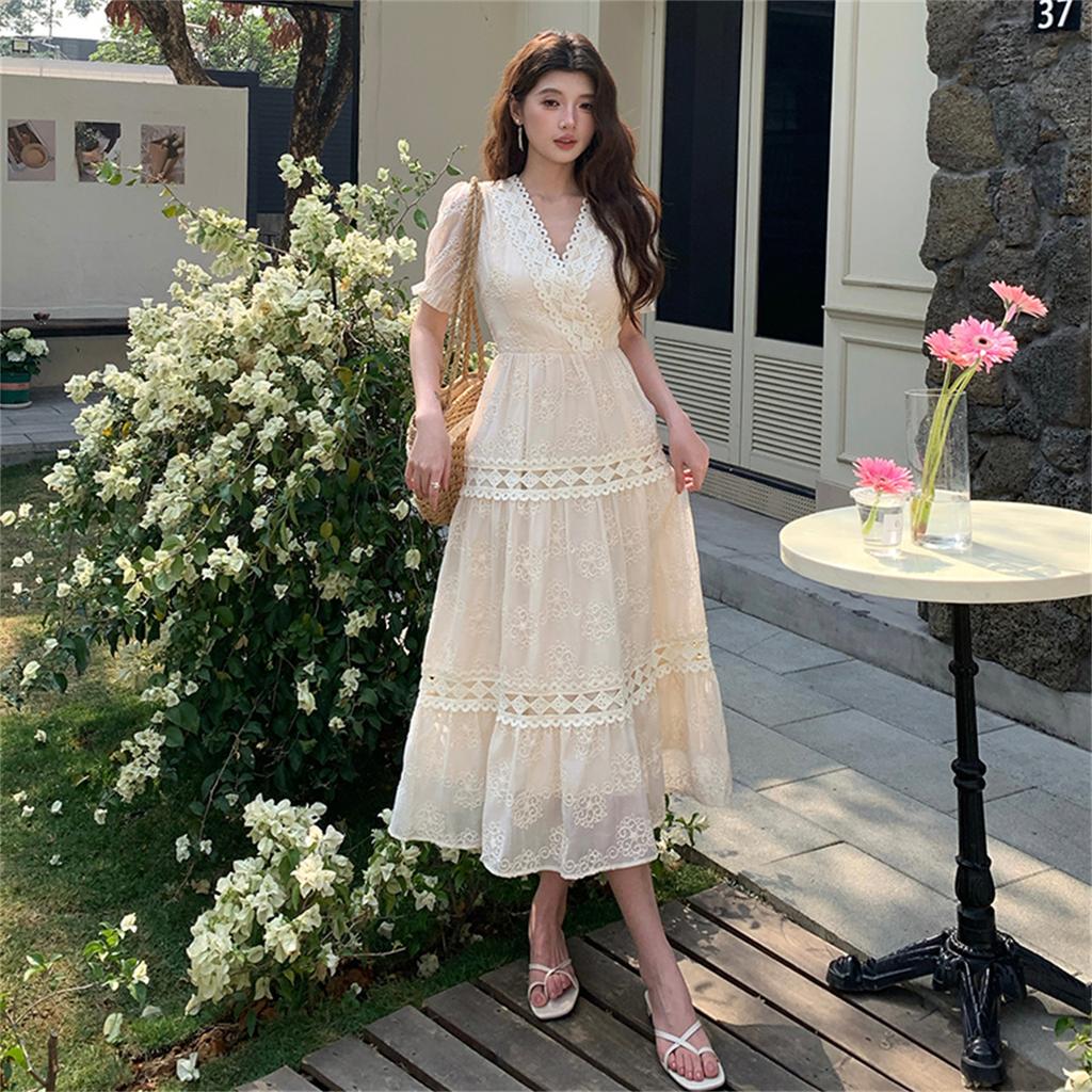 New Summer Fashionable Floral Embroidered Patchwork V-Neck Short-Sleeve Fitted Slimming Midi Dress Women's Holiday Vestidos