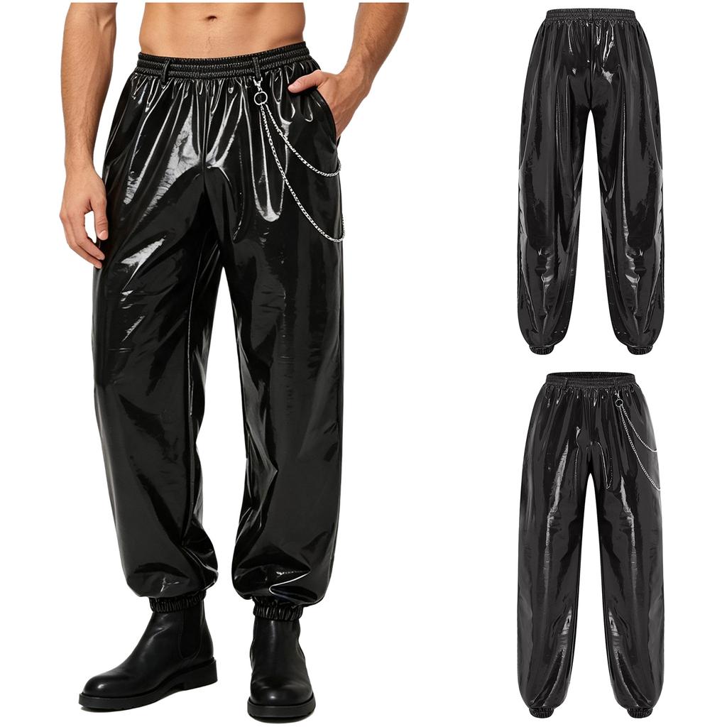 Men Glossy PU Leather Jogger Pants with Metal Chain Detail Elastic Waistband Side Pockets Punk Clubwear Trousers for Rave Party