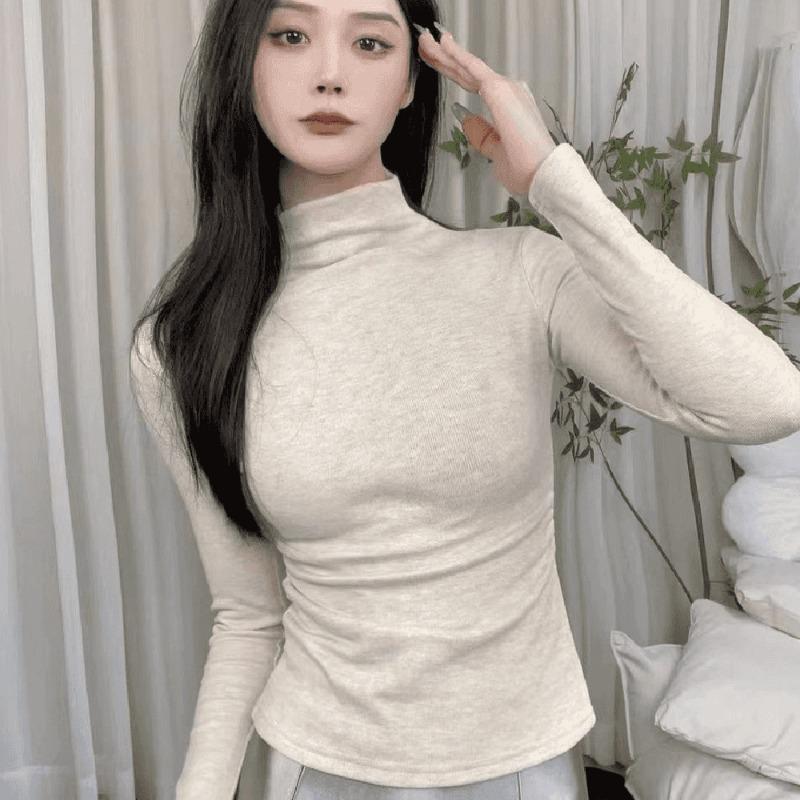 Autumn Winter Half High Collar Solid Slim Bottomed Tee Women Long Sleeve Casual All-match Pullover T-shirt Top