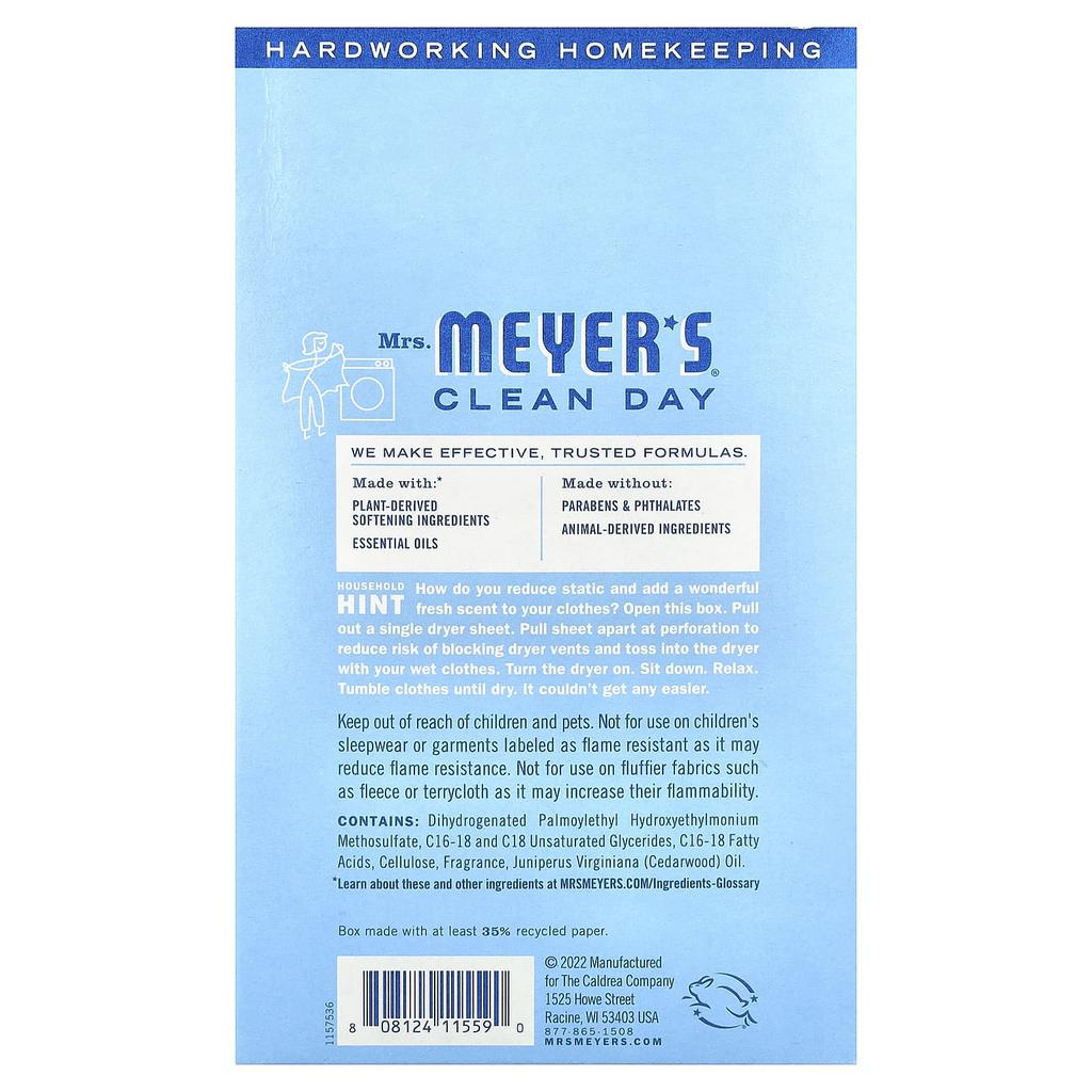 Mrs. Meyers Clean Day Dryer Sheets, Rainwater, 80 Sheets