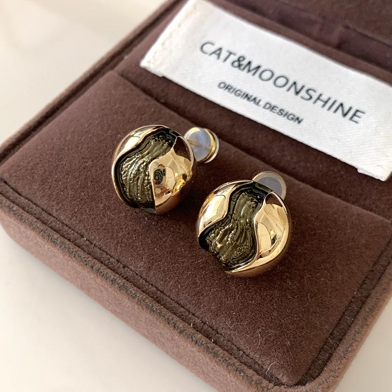 Textured Geometric Round Ball Stud Earrings - European and American Light Luxury, High-End Unique Design Fashion Jewelry