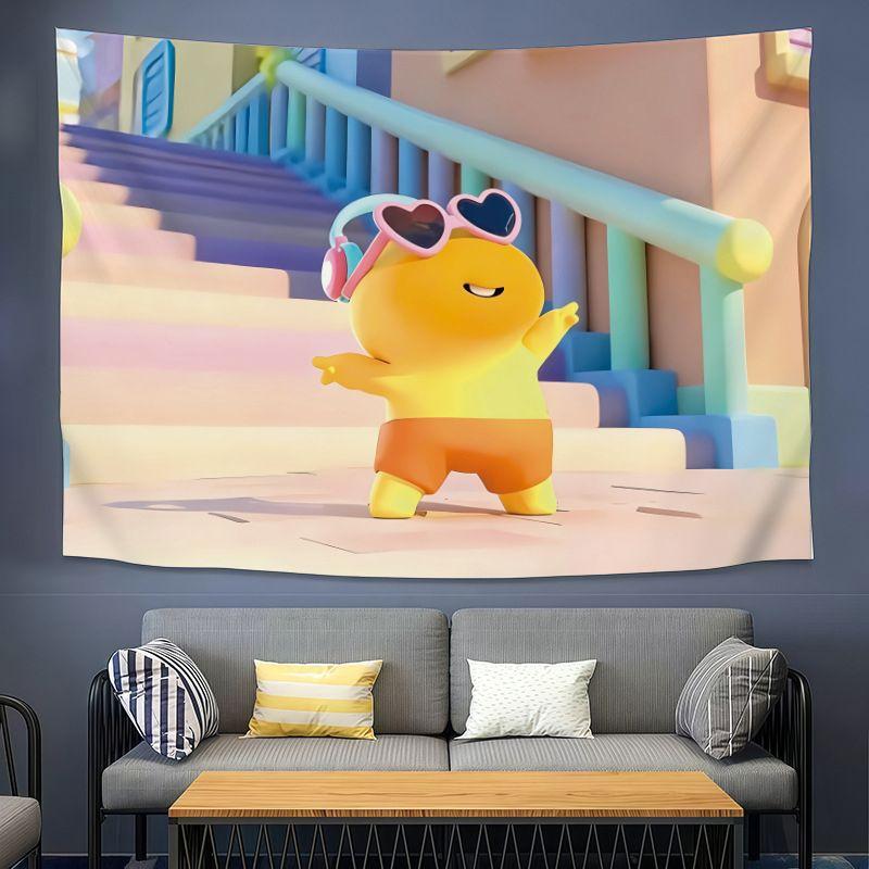 Cute Yellow Dragon CAPYLULU Wall Tapestry Cartoon Character Orange On Head Heart Music Note Kawaii Kids Room Home Decor