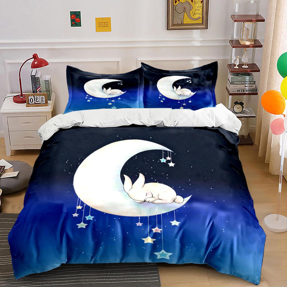 Sleeping Bunny Moon Decor Set Soft Comfortable Duvet Cover Bedding Set Included 1*Duvet Cover & 2*Pillowcases, Gift