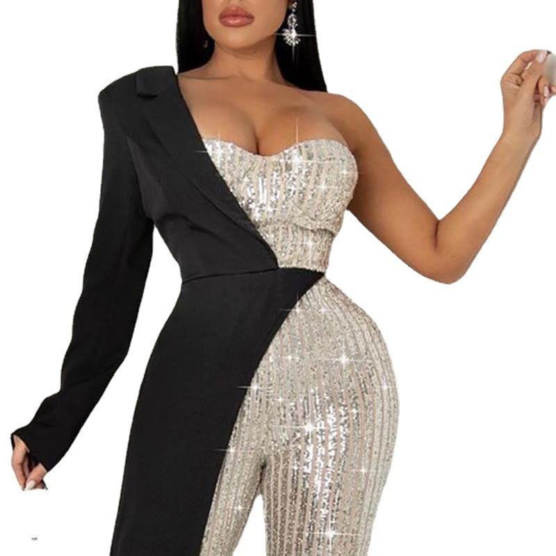 Fashion Jumpsuit 2024 New Arrival European and American Women's Clothing Silver Patchwork Sequin One-Shoulder Fashion Jumpsuit