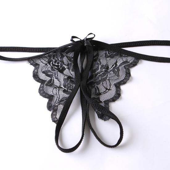 Women T-back Low Waist Open Crotch Hollow Out See-through Lace Seductive Solid Color One Size Lady Thong for Valentine's Day
