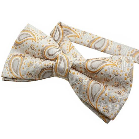 [Bowties.jp] Cream Paisley Pre-Tied Bow Tie, Adjustable Hook-Fastening Easy-Wear Bowtie, Elegant Traditional Formal Necktie for Men