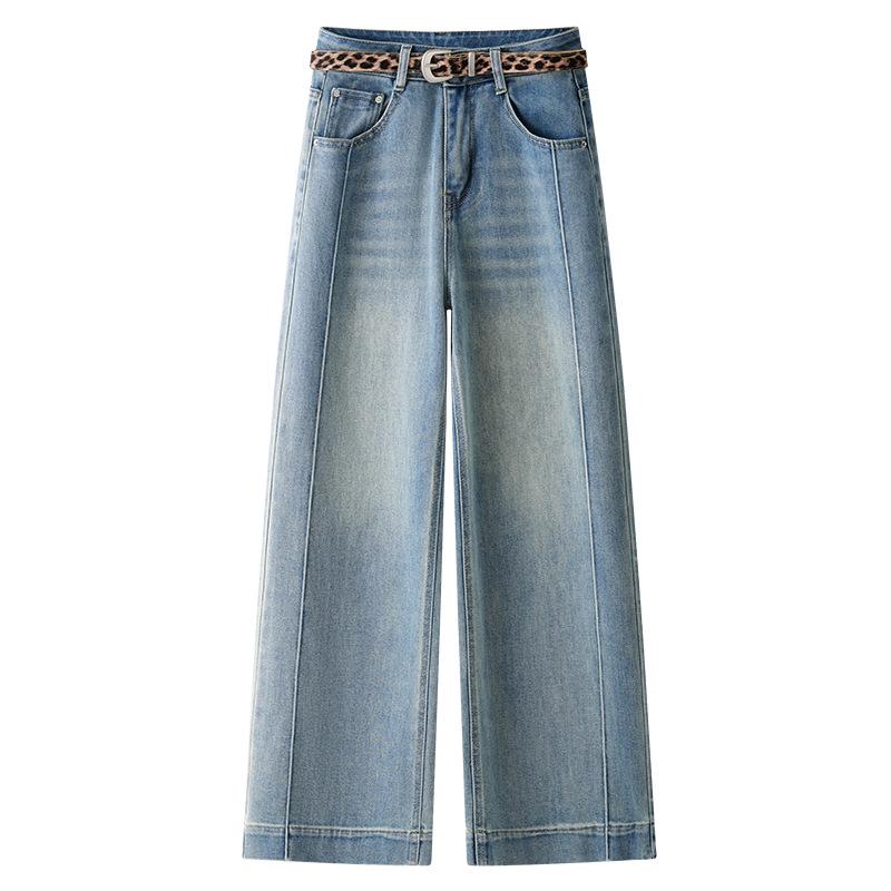 

Женские джинсы светло-голубые с высокой посадкой, для миниатюрных, коллекция весна/осень 2025, прямые, свободные, стройнящие брюки широкие от бедра XL синий