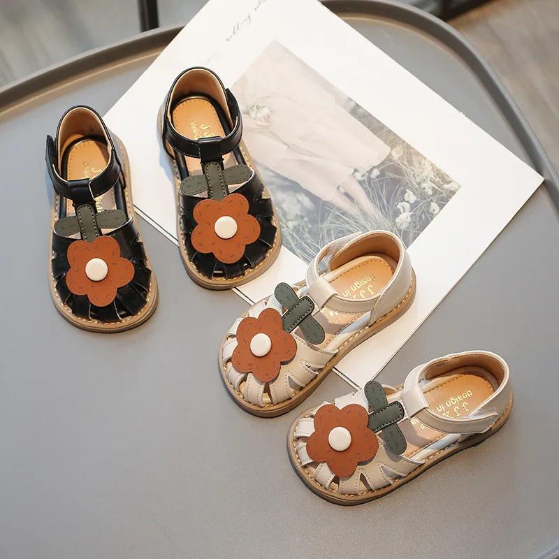 Children's Shoes Girls Sandals Beauty Large Flower Summer New Closed Toe Fashion Soft Bottom Kids Baby Girl Beach Shoes