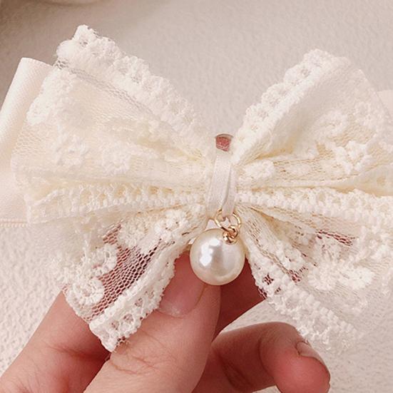 Hair Tie Ribbon Lace Bowknot Decor Imitation Pearl Pendant High Elastic Rubber Band Hair Rope Hair Accessories