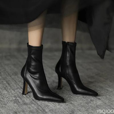 Fashion Women's High-heeled Short Leather Boots for Autumn Winter Comfortable Versatile Pointed Slender Heel Style Ankle Short Boots