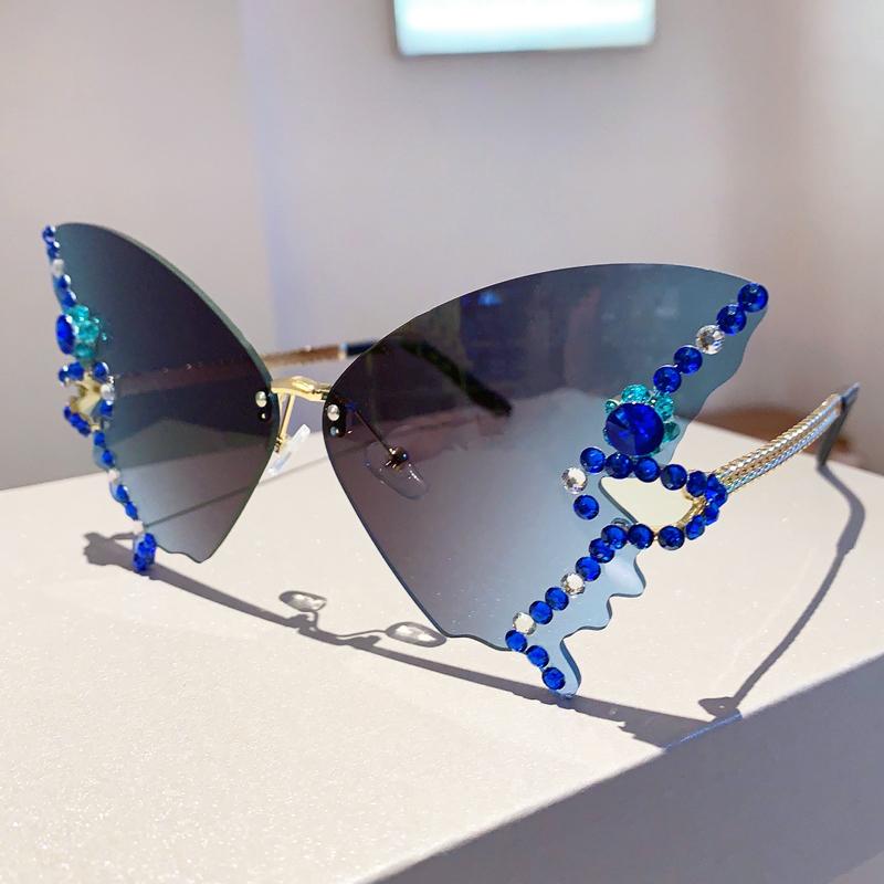 Rimless Butterfly Sunglasses with Rhinestones  New Gradient Multicolor Women Shades Trendy Oversized Party Eyewear