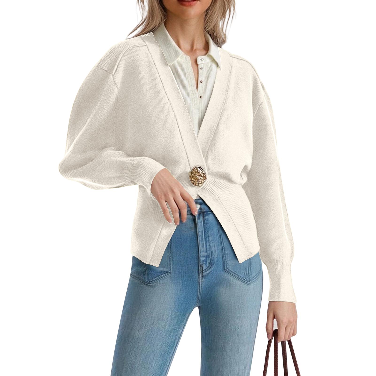 Women s Fashion Color V-Neck Button-Up Knitted Cardigan Sweater L бежевый