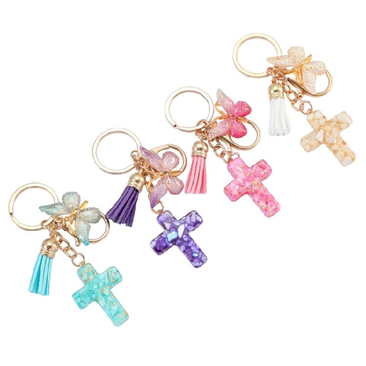 Christian Resins Crosses and Butterfly Keychain with Tassels for Daily Key Organization and Backpack Bag Decoration