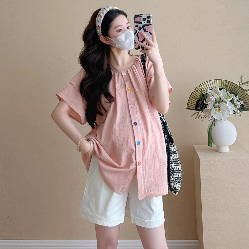 

2026 Korean Puff Sleeve Doll Shirt & Belly Support Shorts Set L
