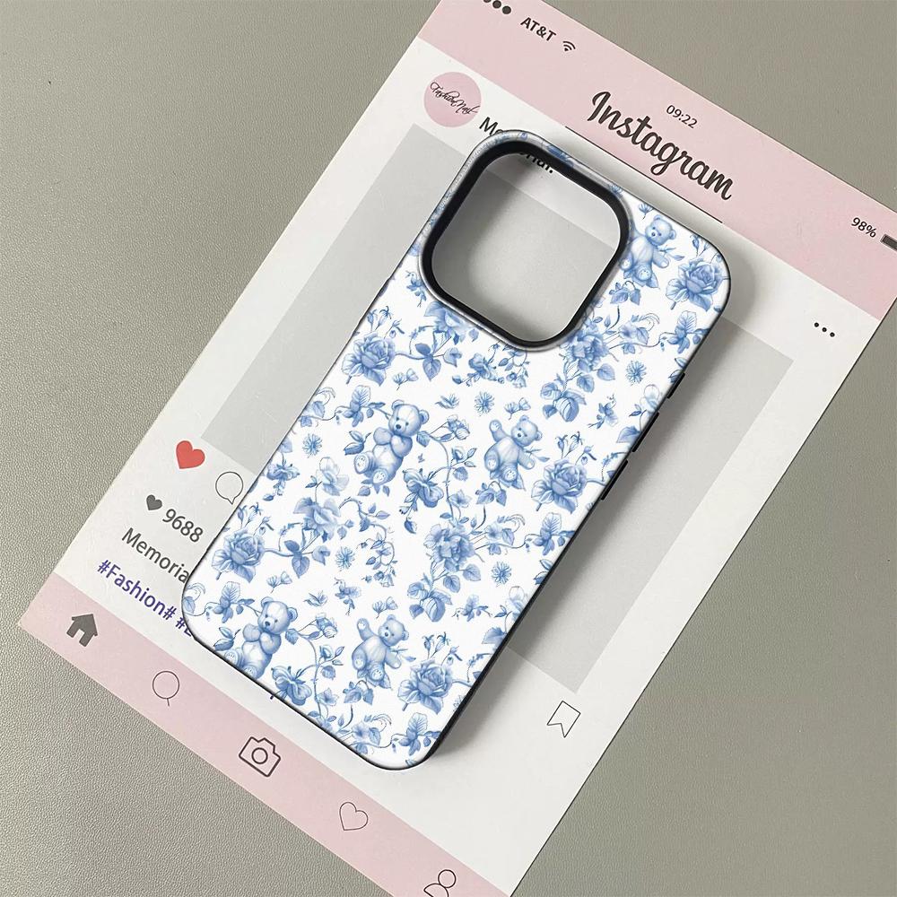 

Cute Teddy Bear Blue Floral Lichee leather pattern Phone Case For Redmi Note 14 13 12 11 10 9 8 Pro Plus 4G 5G Shockproof Cover Note 10 Pro