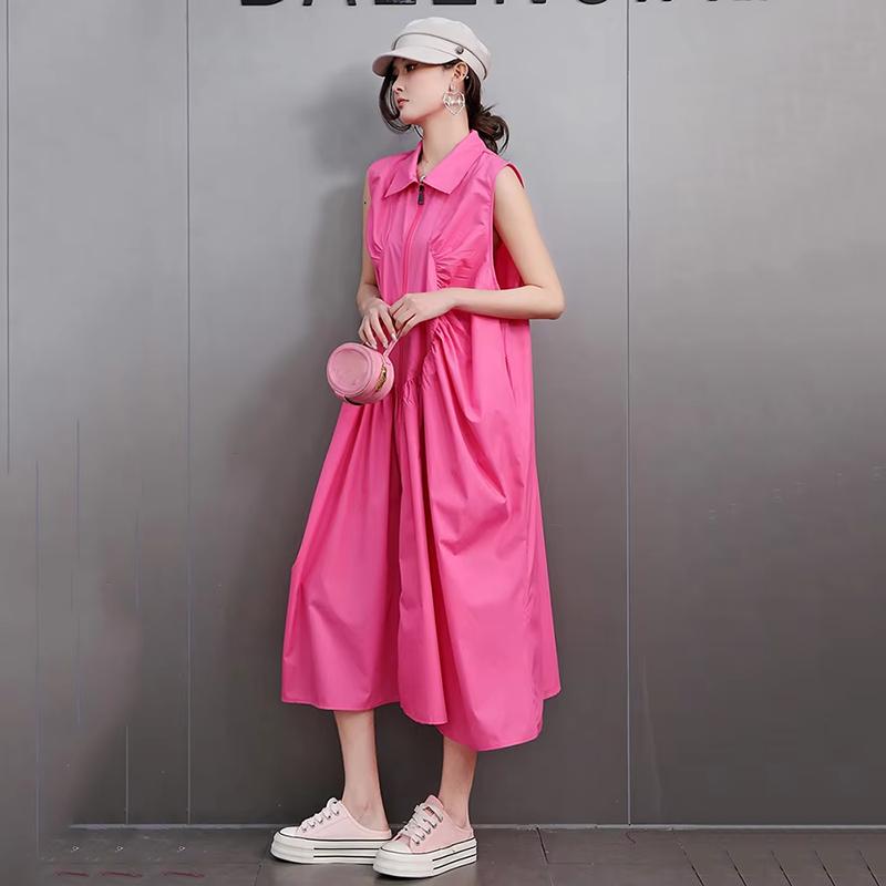 XITAO Fold Zipper Sleeveless Turn-down Collar Dress HQQ2445