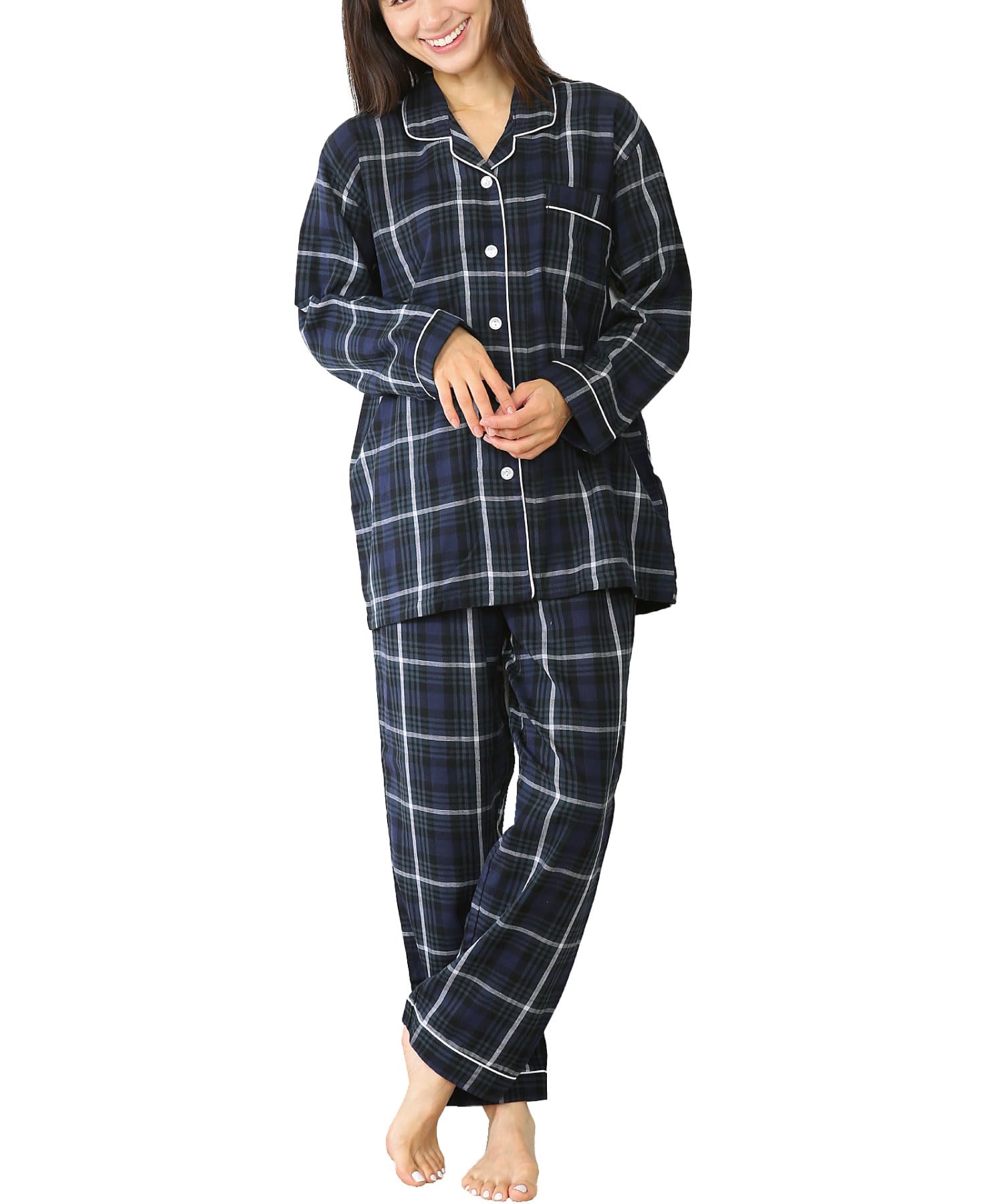 

[ON NISHIKI] Women s Long Sleeve Pajama Set, 100% Cotton Double Gauze, Front Button Top & Pants, Navy Check, Size M, LDK 2025 Award Winner