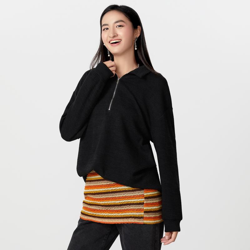 Unisex Women Men Zipper Lapel Neck Casual Loose Couple Pullovers Tops