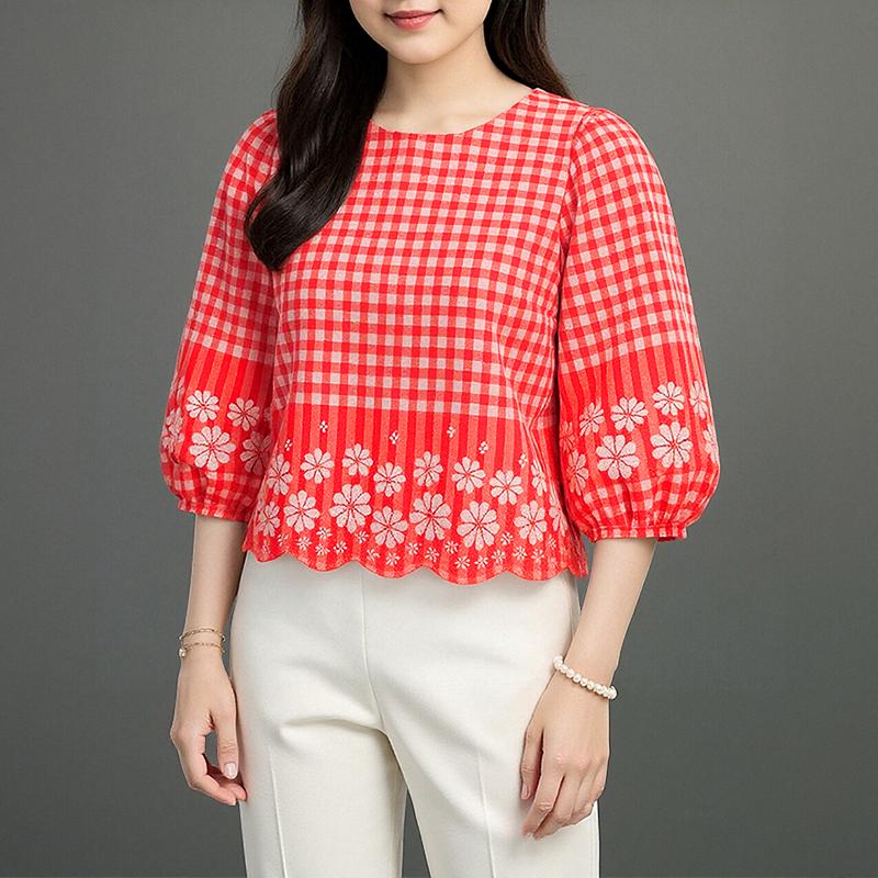 ZANZEA Women Casual Round Neck 3/4 Sleeve Loose Plaid Print Blouse