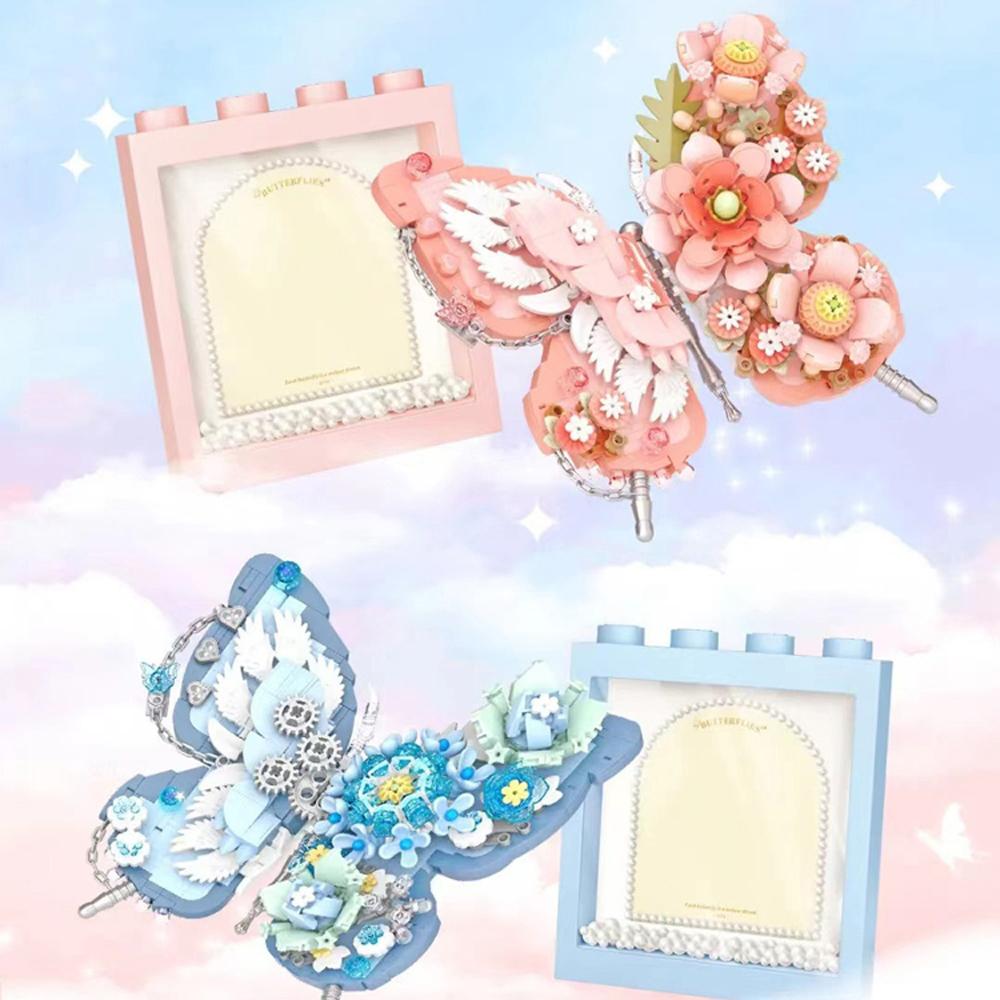 Idea Construction Brick Beauty Small Block Mechanical Flower Pearl Butterfly Photo Frame Construction Toys With Light For Girls Present