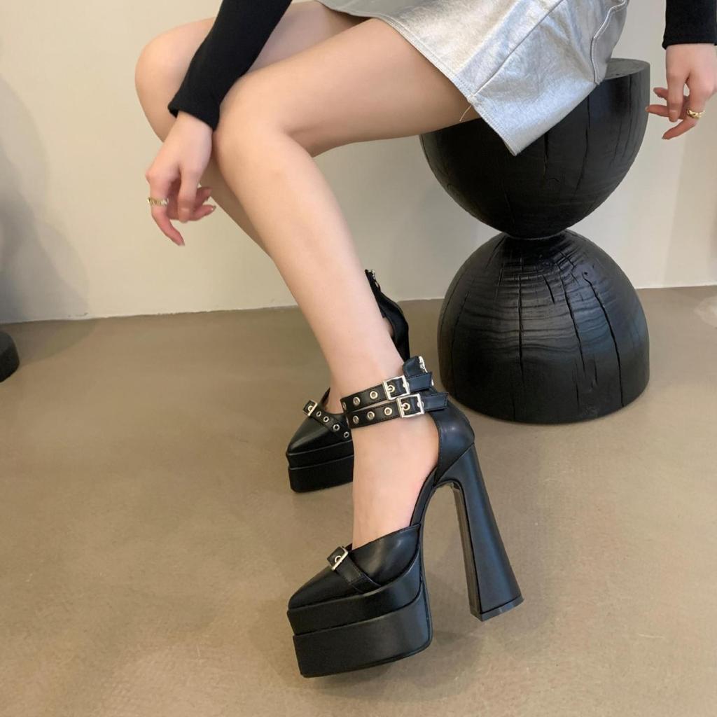 Fashion 15cm Catwalk Belt Buckle Chunky Heel Pointed Hollow Sandals Super High Heel Waterproof Platform Sky-high Catwalk Heel Shoes