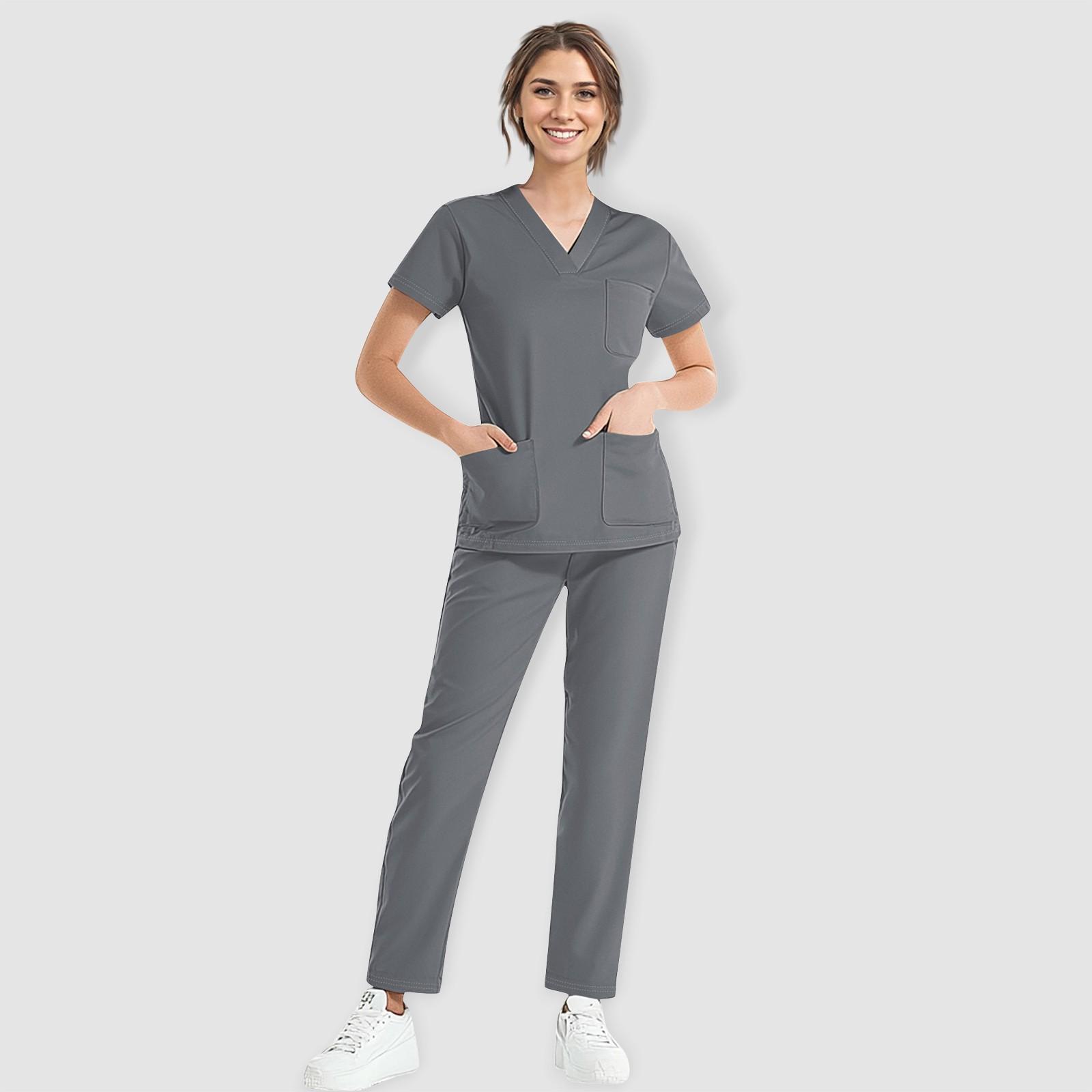 

Женский однотонный рабочий топ с коротким рукавом и V-образным вырезом, нагрудным карманом, эластичный пояс, брюки, комплект из двух предметов, 3 кармана, женские рабочие топы S серый