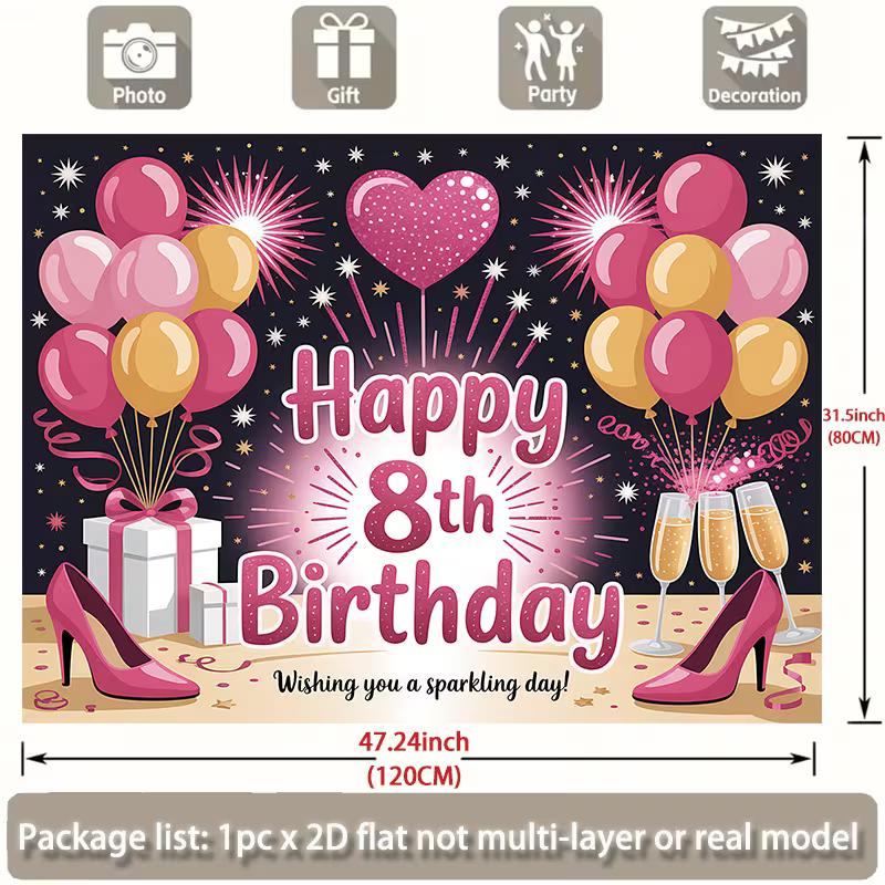 2D Happy 8th Birthday Backdrop for Girl's Glitter Party Photoshoot