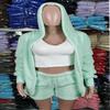 Women's Loose Fit Three Piece Loungewear Long Sleeve Fuzzy Cardigan V Neck Tank Drawstring Waist Shorts Winter Solid Tracksuit