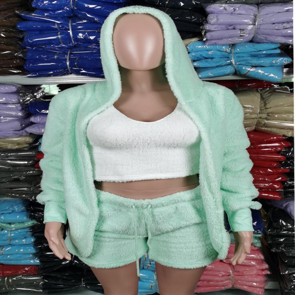 Women's Loose Fit Three Piece Loungewear Long Sleeve Fuzzy Cardigan V Neck Tank Drawstring Waist Shorts Winter Solid Tracksuit