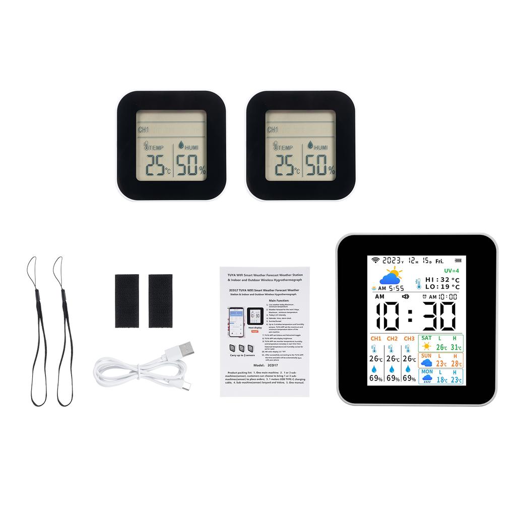 Wireless Tuya Weather Station Indoor Outdoor Thermometer 3pcs Sensors Humidity and Temperature Meter Real-time Forecast Monitor