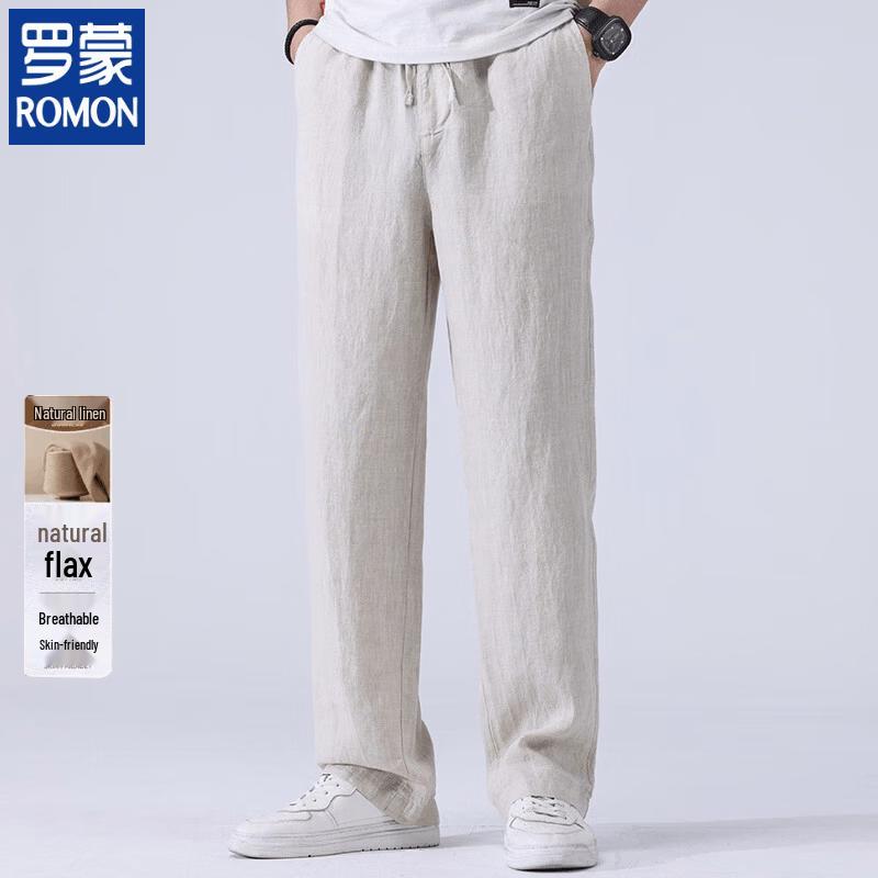 ROMON Men s Pure Linen Straight-Fit Casual Pants L легкие хаки