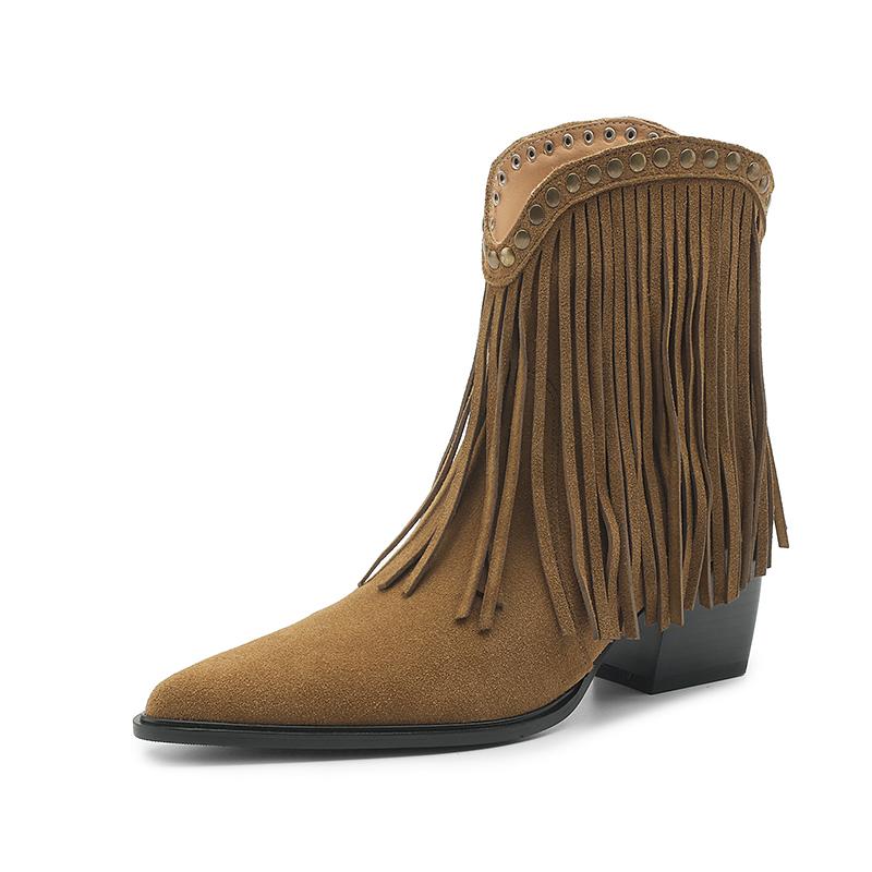 

Мода 2024 Новые осенне-зимние женские ботинки из коровьей замши Модные ботинки в западном стиле с кисточками для женщин Остроносые на толстом каблуке Женская обувь US 4 коричневый
