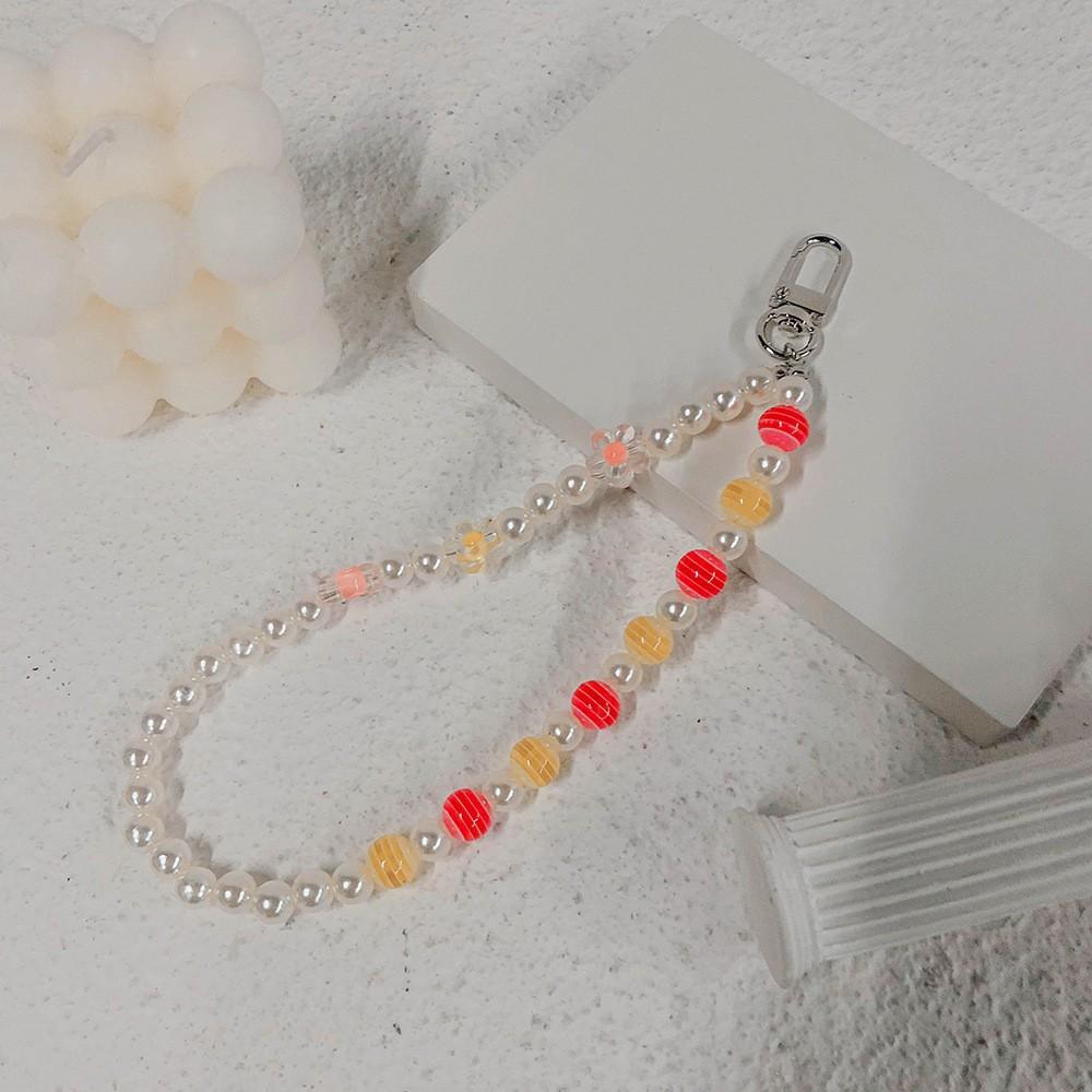 INS handmade string colored striped beads pearl flower anti-loss portable diagonal cross hand carry fashion chain mobile phone chain