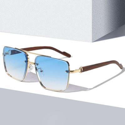 Lunettes de soleil carrées classiques mode Lunettes de soleil cool pour hommes en métal Montures à grain de bois Dessus plat Double ponts Lunettes de soleil