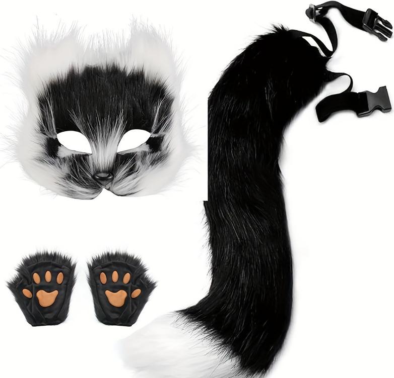 Fluffy Fur Fox Tail Keychain Cat Paws Gloves And Wolf Therian Mask Set For Halloween Cosplay Costume Accessories Mask Sets