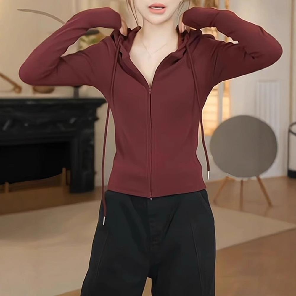 

Design Sense of Encore Red Hooded Double Zipper Cardigan Jacket Women s Waist-Close-Slimming T-Shirt Top XL