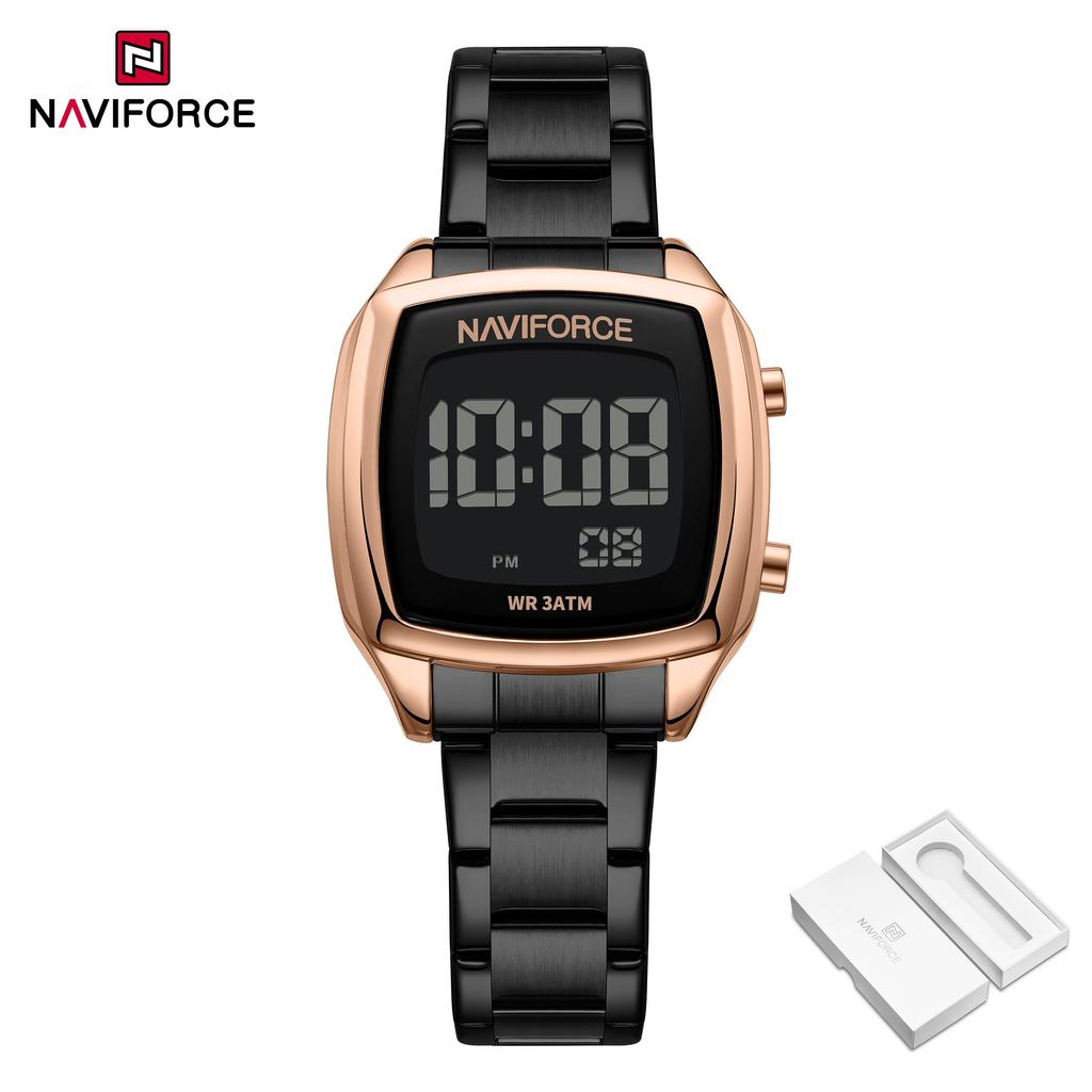 NAVIFORCE Women Digital Waterproof Watch Casual Sport Multifunction Stopwatch Gold Square Luminous Date Dial Stainless Steel Strap NF5047