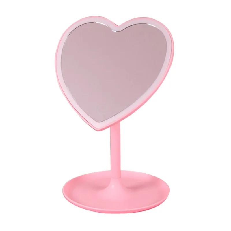 

Зеркало для макияжа в форме сердца со светодиодной подсветкой, 3-х цветное, на подставке, настольное, перезаряжаемое, косметическое, портативное, с подсветкой розовый