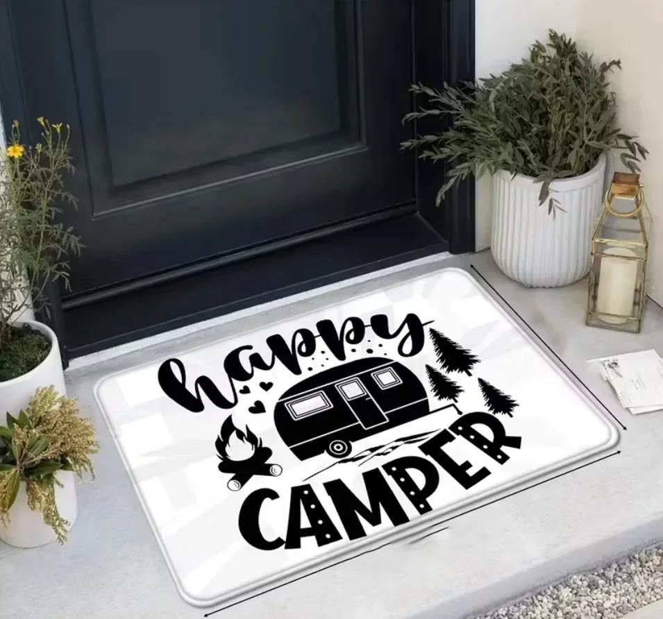 VIKAMA Happy Camping Welcome Doormat Retro Car Pine Tree Pattern Indoor Outdoor Rug Non-Slip Floor Mat Forest Theme Decor Carpet