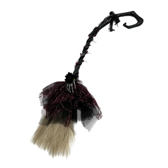 Durable Reuseable Broom Halloween Witch Broom, Black Tulle Cosplay Costume, Gothic Home Ornament Rose Skeleton Hand Broomstick for Party, Decor Indoor